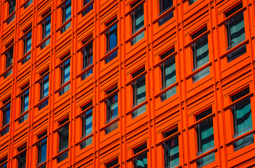 Abstract compositions depicting details of ultra modern, colorful urban architecture in the city. *** APARTMENT BUILDING AND OFFICE SPACE SHOT IN TOTTENHAM COURT ROAD, LONDON, UK ***