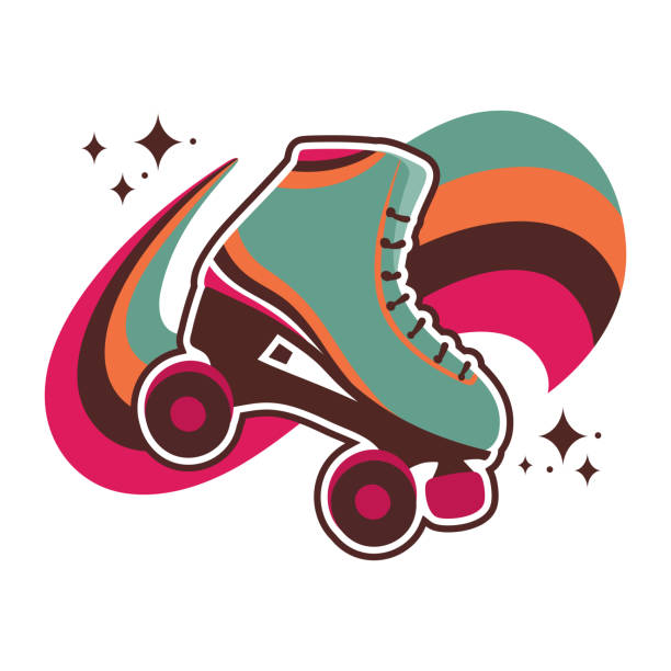Roller skate with rainbow Roller skate boot with rainbow wave and glitter stars in vintage colors. Vector emblem, patch, sticker roller skating stock illustrations