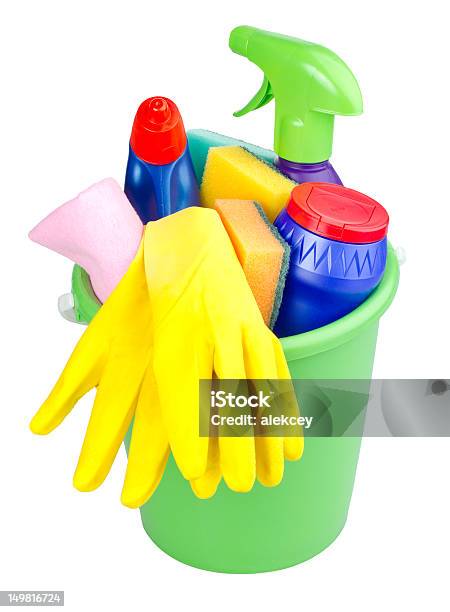 Bucket With Cleaning Articles Stock Photo - Download Image Now - Bath Sponge, Blue, Bottle