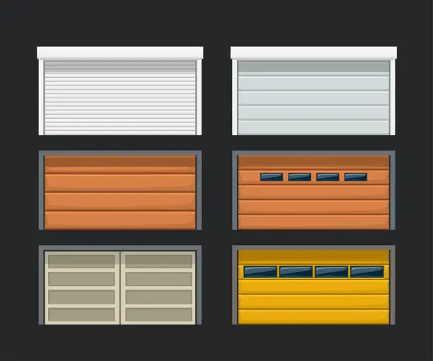 Vector illustration of garage doors set on dark