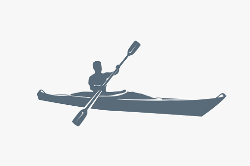 illustration of man in kayak with paddle silhouette isolated on white background