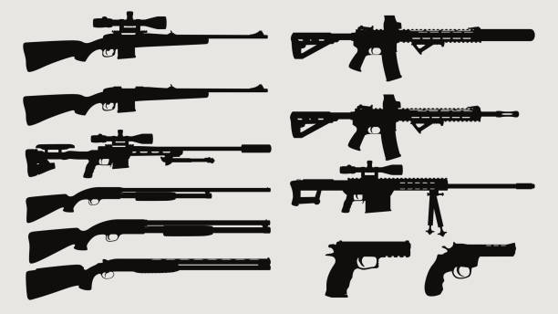 illustrazioni stock, clip art, cartoni animati e icone di tendenza di set di vista laterale della silhouette dell'arma - sniper army rifle shooting