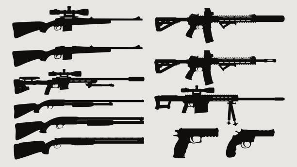 ilustrações, clipart, desenhos animados e ícones de conjunto de vista lateral da silhueta da arma - rifle