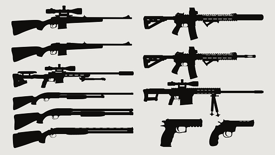 illustration of big different weapon silhouette set side view isolated on white background