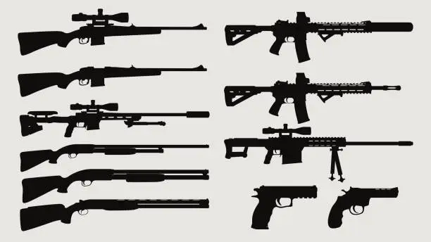Vector illustration of weapon silhouette side view set