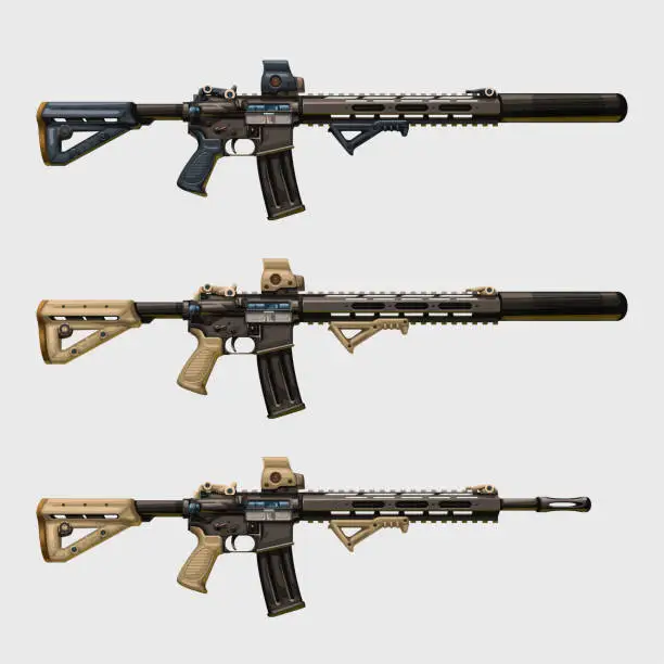 Vector illustration of realistic modern assault rifles set