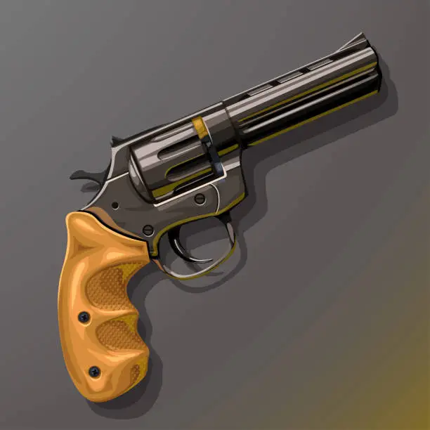 Vector illustration of black revolver with wooden handle