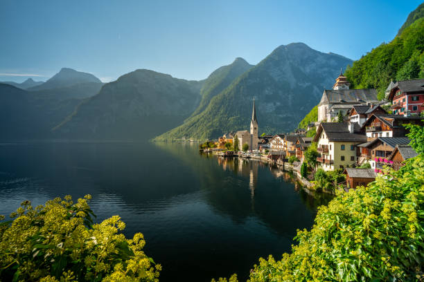 Hallstatt with lake one of the Most Famous Towns in Austria stock photo