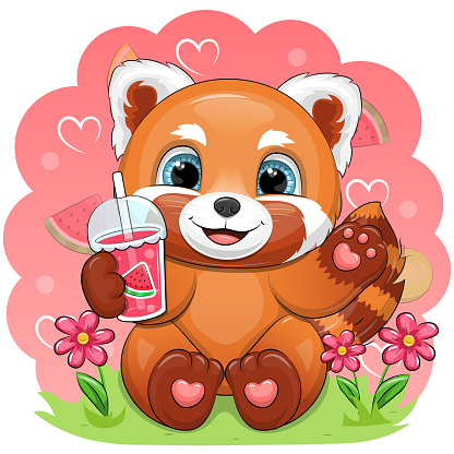 Vector illustration of an animal on a pink background with hearts and fruits.