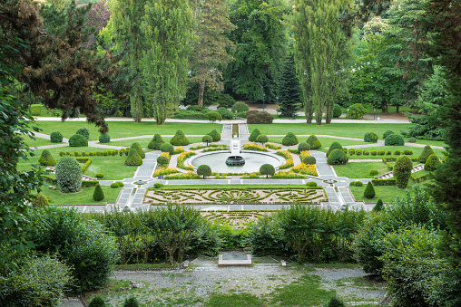 Public gardens of Villa Toeplitz with channels, plays of water and flower beds made in the early 1900s. Symmetrical Italian garden (giardino all'italiana) or formal garden (giardino formale) in Varese city. Itinerary in northern Italy