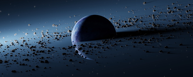Panorama Planet Pandora surrounded asteroid belt, rings wreckage of destroyed planet. Blue protoplanet in black cosmos space of universe. 3d render