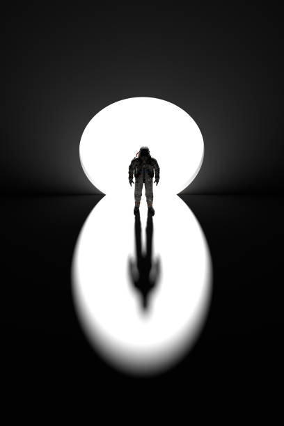 istock Astronaut cosmonaut stands in circular passage in wall. Cosmic gateway to another dimension, journey through the universe. 3d render 1498172410