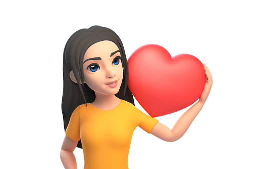 Cartoon funny cute girl in a yellow T-shirt and jeans holding red heart shape with her hand on a white background. Woman in minimalist style. People characters illustration. 3D rendering illustration