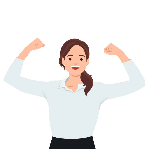 강한 미소를 짓는 비즈니스 우먼은 손을 들고, 주먹을 펌핑하고, 성취 성공을 축하합니다. 성공한 사업가가 몸짓을 하고 힘과 리더십을 보여준다 - flexing muscles illustrations stock illustrations