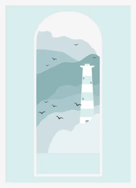 Vector illustration of Nordic landscape with lighthouse and mountains view poster. Nature sceneries