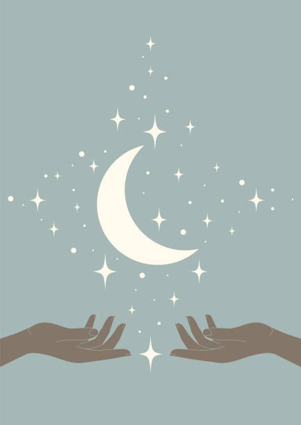 istock Vector illustration of young moon and stars mystic poster. Outer space with hands 1498175766