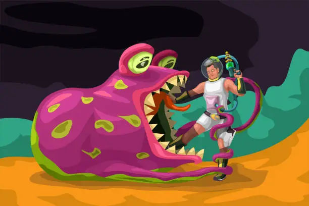 Vector illustration of big pink creature vs human