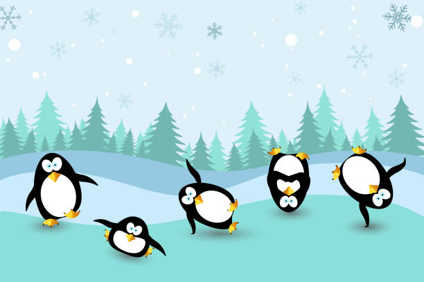 wiele uroczych pingwinów tańczy radośnie na śniegu podczas świąt bożego narodzenia i nowego roku - winter backgrounds focus on foreground white stock illustrations