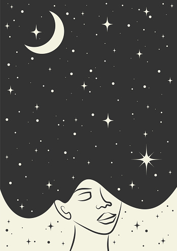 Profile of a girl with the hair full of stars poster illustration. Female portrait of magic night. Vector art. Woman with long hair decorated with stars