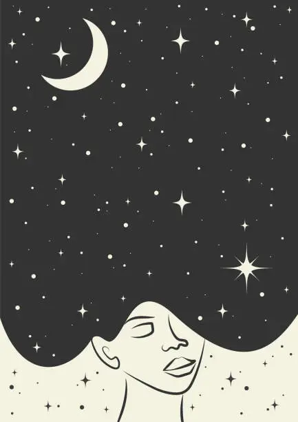 Vector illustration of Profile of a girl with the hair full of stars poster illustration.
