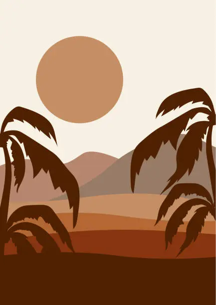 Vector illustration of Desert oasis under sunlight minimalistic printable illustration.