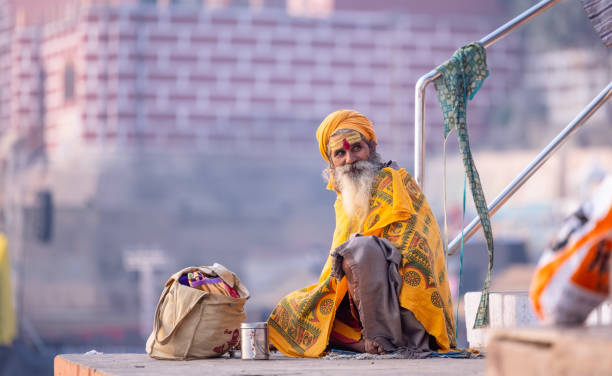 Portrait of sadhu holy male near ghats in varanasi stock photo