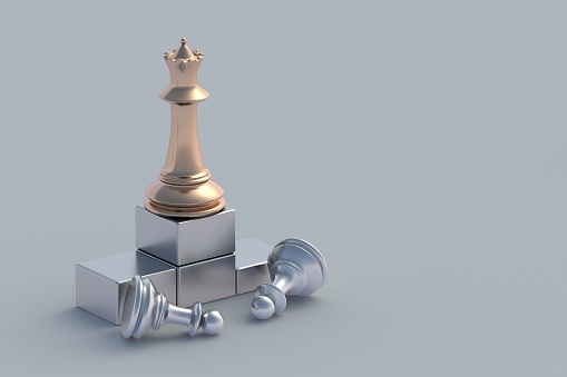 Market leader. Golden and silver chess figures on podium. Career growth concept. Goal achievement. New position. Promotion at work. Leadership skill. Director of company. Talented employee. 3d render