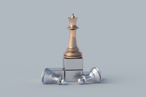 Market leader. Golden and silver chess figures on podium. Career growth concept. Goal achievement. New position. Promotion at work. Leadership skill. Director of company. Talented employee. 3d render