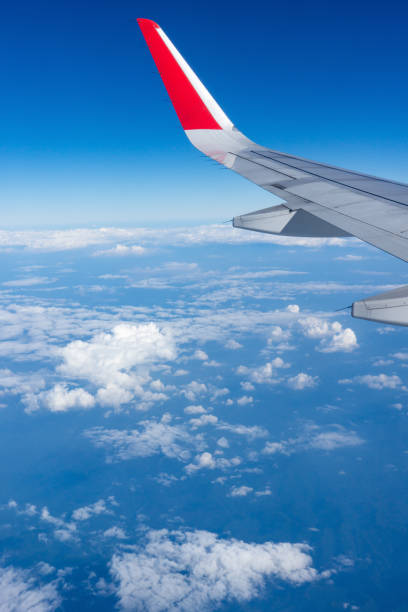 istock Airplane wing view from aeroplane window that flying higher than the cloud in the blue sky 1498182132