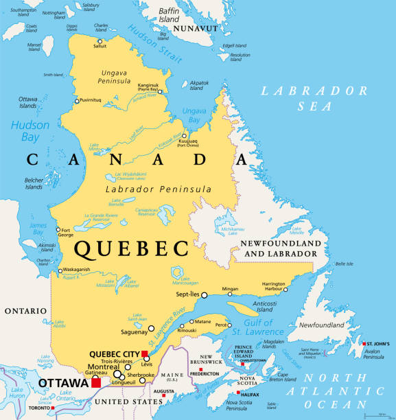 ケベック州、カナダ東部最大の州、政治地図 - saint johns river点のイラスト素材／クリップアート素材／マンガ素材／アイコン素材