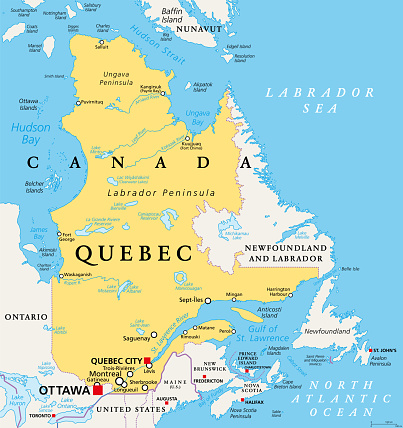 Quebec, largest province in the eastern part of Canada, political map. Largest province, located in Central Canada, with capital Quebec City and largest city Montreal, along the St. Lawrence River.