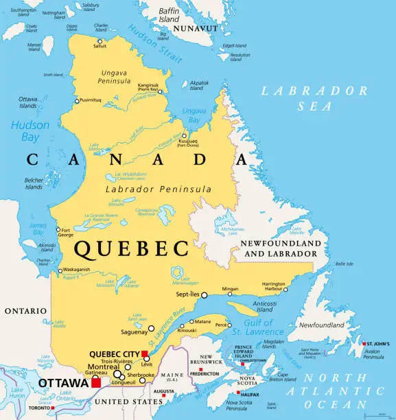 Vector illustration of Quebec, largest province in the eastern part of Canada, political map