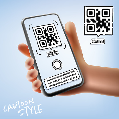 Vector cartoon hand holding the black smartphone with a QR code scan me on screen and modern frameless design