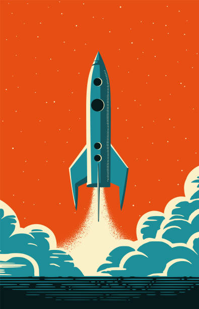 illustrazioni stock, clip art, cartoni animati e icone di tendenza di lancio di razzi in stile futurismo retrò. il razzo vintage decolla in stile nostalgico. - space rocket fire flame