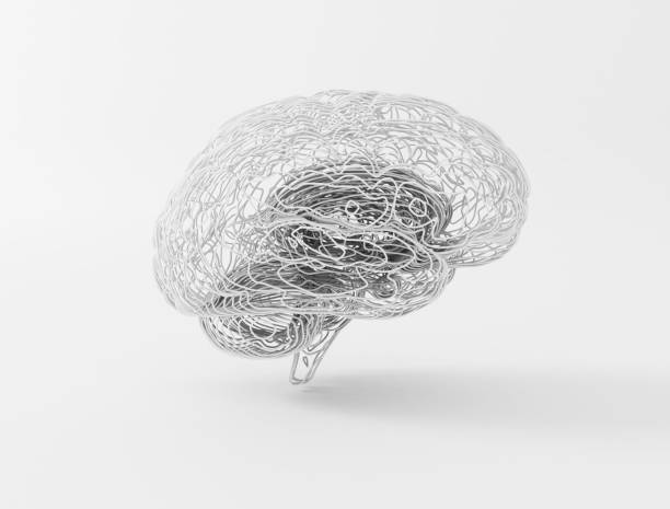 グレイの背景にプラスチックワイヤーで作られた人工知能の脳 ストックフォト
