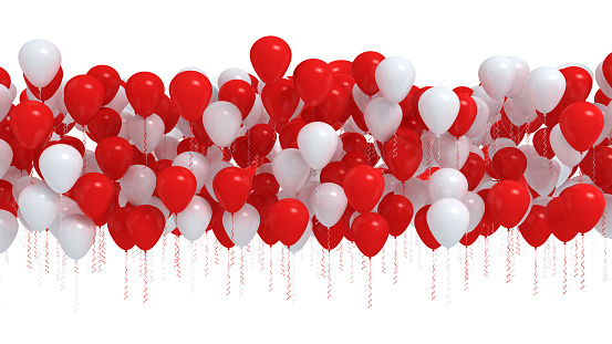 Row of red and white balloons isolated on white background