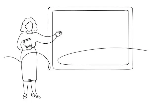 Vector illustration of Teacher with book pointing with an open hand on blackboard.