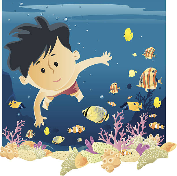 fish Child and the fishes underwater exploration stock illustrations