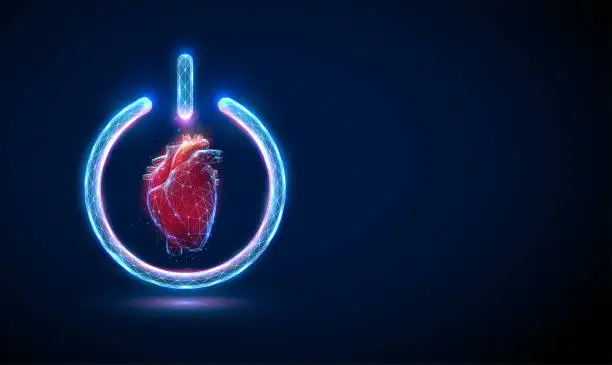 Vector illustration of Abstract red human heart in glowing power button.