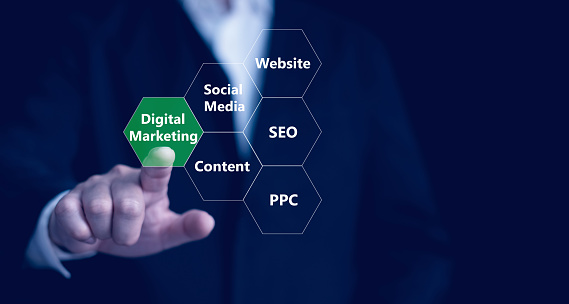 Una nueva forma de marketing en una plataforma digital. Aumentar las ventas trayendo las redes sociales como un ayudante para lograr objetivos, concepto de Marketing Digital. photo