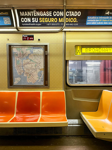 May 09 , 2023 - Manhattan, New York, NY, USA: Interior of an old NYC Subway car in New York City