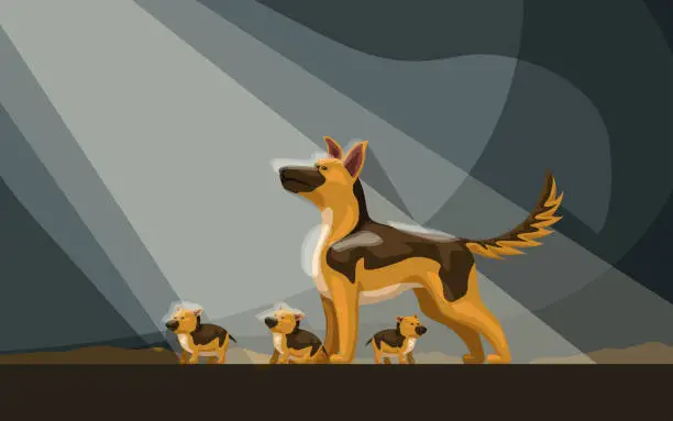 Vector illustration of homeless adult dog with puppies