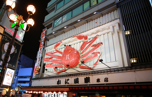 Osaka, Japan - November 24 2014: a big Opilio crab on the signboard of  restaurant in Dotonbori, Osaka. Dotonbori is one of famous street in Osaka.