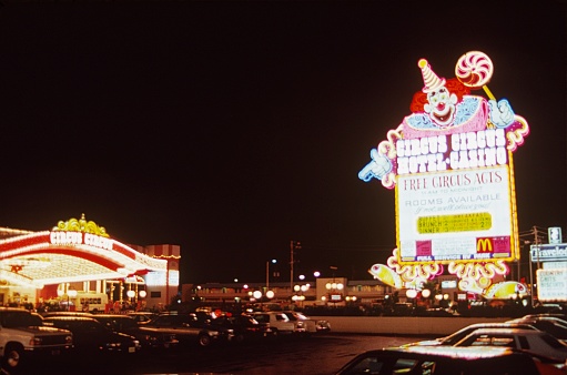 Las Vegas, Nevada, USA, 1991. In front of the Circus Circus Casino Hotel in Las Vegas at night.