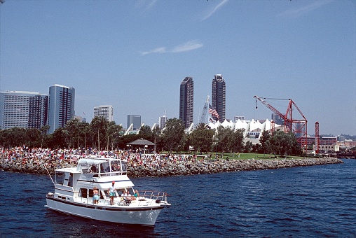 San Diego, California, USA, 1991. At the Port of San Diego. Locals, visitors and day trippers on a sunny day along the waterfront of the California coastal city of San Diego.
