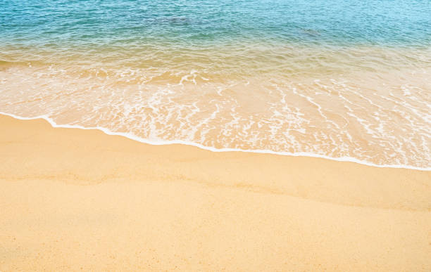 spiaggia del mare e oceano blu con forma d'onda morbida sulla trama della sabbia, vista sul mare della duna di sabbia di brown beach in una giornata di sole estate, vista dall'alto holizontal per lo sfondo dello striscione estivo. - holizontal foto e immagini stock