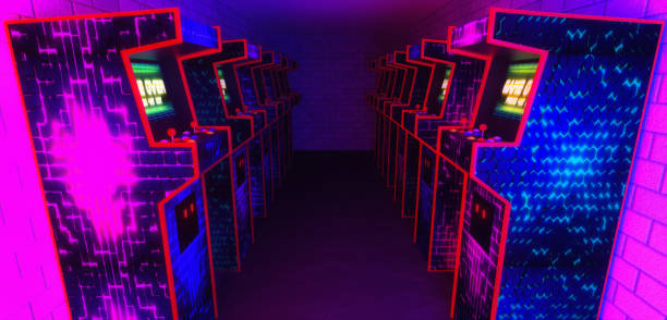 an arcade machine, game over (3d rendering) arcade machines in a game hall (3d rendering)an arcade machine, game over (3d rendering) arcade stock pictures, royalty-free photos & images