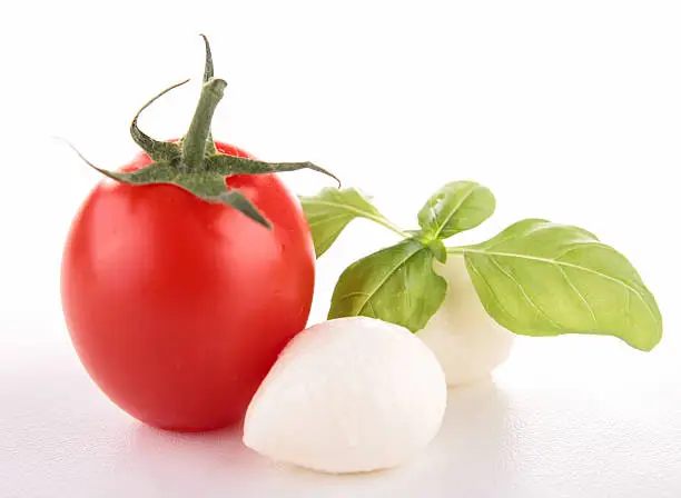 tomato,mozzarella and basil on white