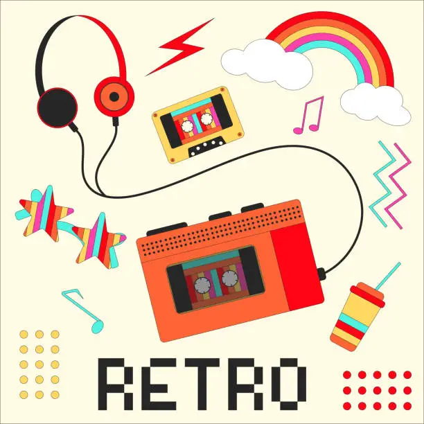 Vector illustration of Retro music player. Classic 80s-90s elements in modern style flat, line style.