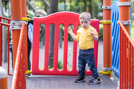 Curious little boy with Down syndrome standing on colorful climber examining construction sunny preschooler enjoys having fun at playground on sunny summer day
